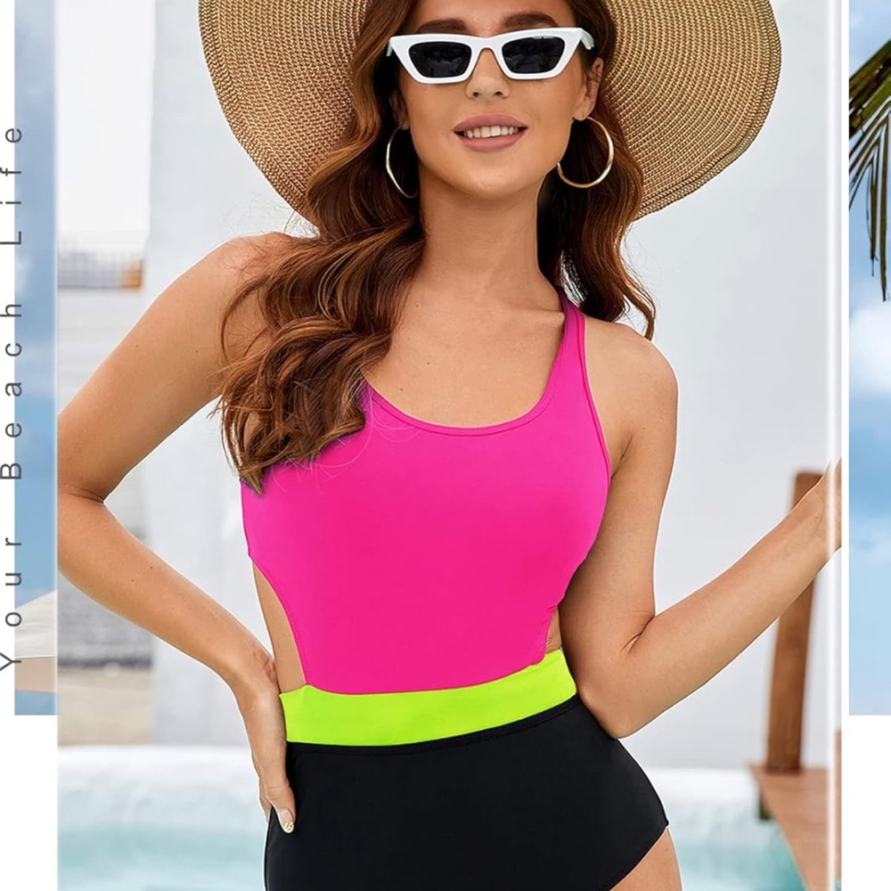 Pink and Black One Piece Swimwear with Sporty Design